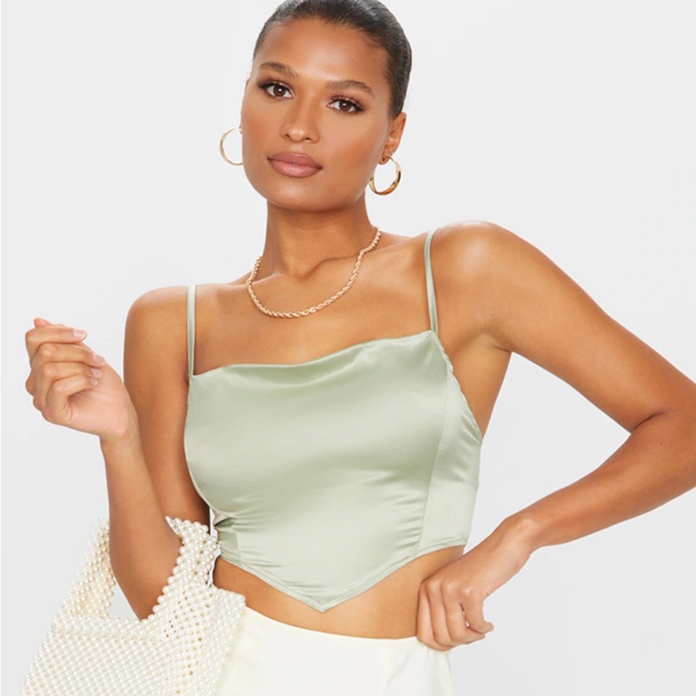PrettyLittleThing Sage Green Satin Crop Top